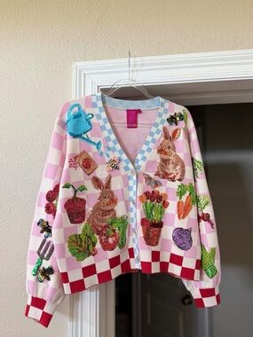 QUEEN OF SPARKLES Pink & White Checked Bunny Garden Cardigan